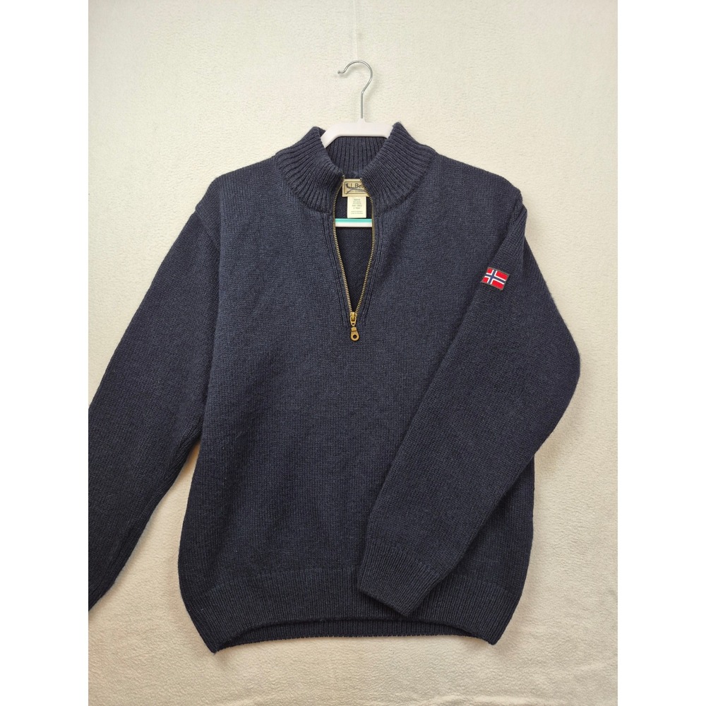 LL Bean Mens Sweater Sz Small Quarter Zip Wool Blend Navy Blue Norway Patch